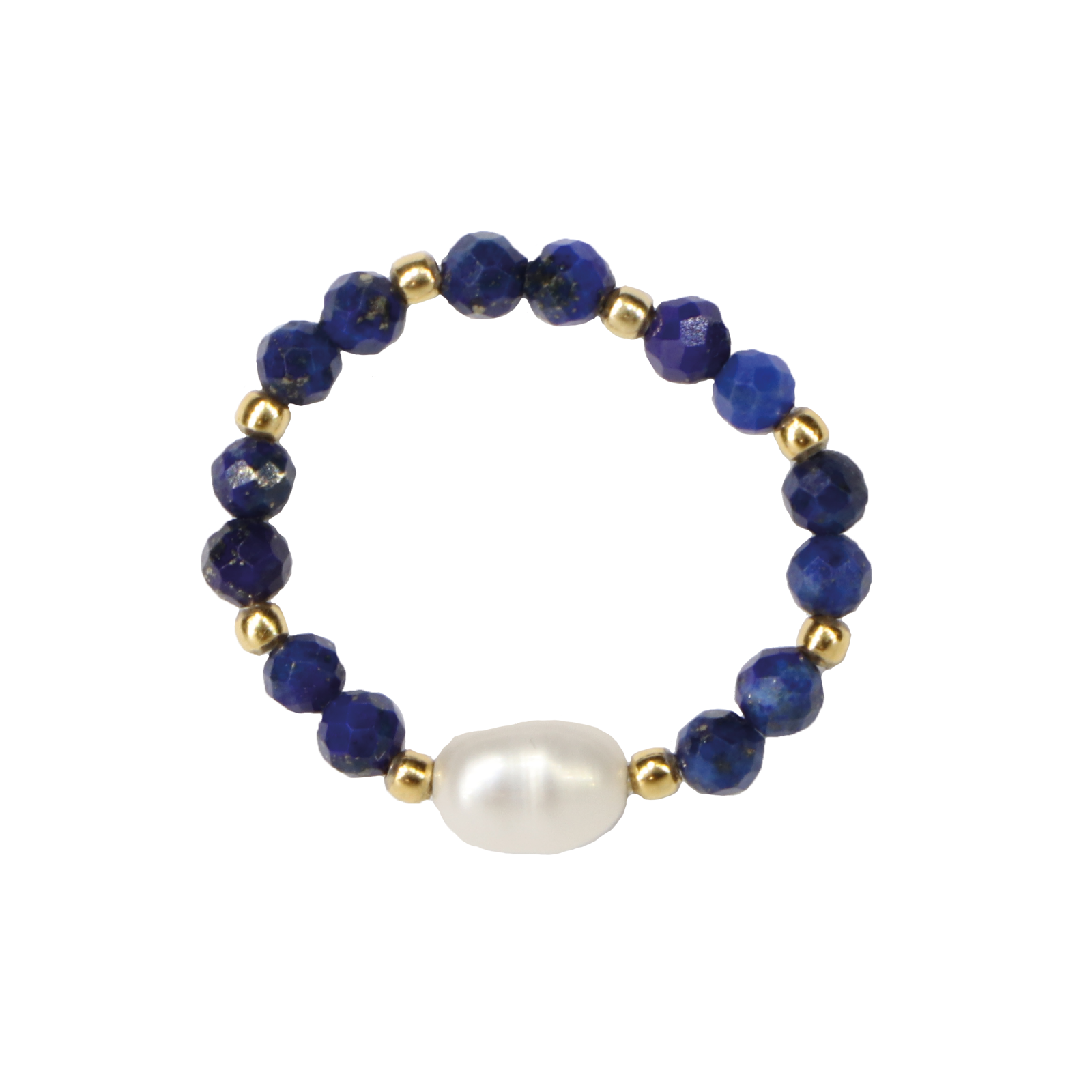Elastic ring with natural lapis lazuli stones and pearl
